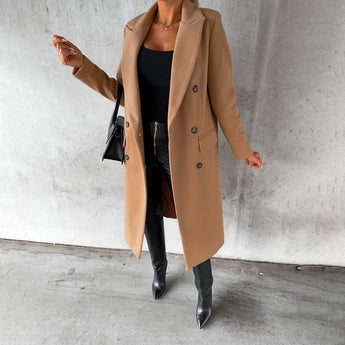 An urban fashion-inspired women's knee-length coat in gray wool, featuring a tailored design with defined shoulders, a structured collar, long sleeves, and a fitted waist, available in a brown color option, size 3XL.