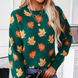 Women's green autumn leaf knit sweater in XL size, featuring long sleeves, a round neckline, and a cozy knit texture.