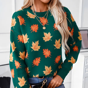 Women's green autumn leaf knit sweater in XL size, featuring long sleeves, a round neckline, and a cozy knit texture.