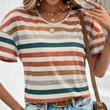 Women's Green & Blue Striped T-Shirt - Casual Summer Short Sleeve, displayed in Orange color, size XXL on a mannequin.