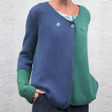 Women's green and blue two-tone color block knit sweater in size 3XL, with long sleeves and a round collar, featuring a combination of azure and aqua colors.