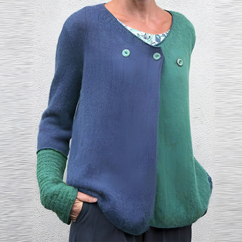 Women's green and blue two-tone color block knit sweater in size 3XL, with long sleeves and a round collar, featuring a combination of azure and aqua colors.