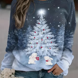 Women's gray-blue Christmas sweatshirt featuring a festive tree design with gold snowflakes, long sleeves, and a comfortable fit.