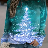 
A Women's Green Christmas Sweatshirt featuring a festive tree design with gold snowflakes, shown in a green-blue color variant, size 6XL. The sweatshirt has long sleeves and is perfect for holiday fashion.