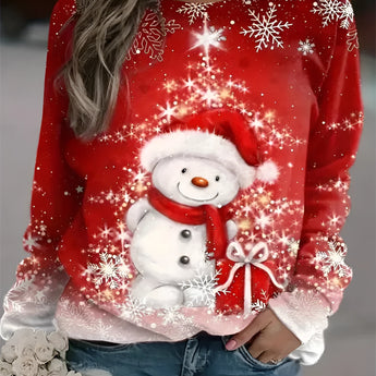 A red Christmas sweatshirt featuring a snowman design, tailored for women, available in size 6XL.