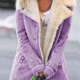 Women's Green Fleece-Lined Sherpa Trim Winter Coat in Viola color, featuring a stylish design with a collar, shoulder details, and long sleeves, available in size 5XL.