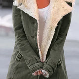 Women's military green fleece-lined winter coat with sherpa trim, featuring a warm collar, long sleeves, and a stylish design suitable for cold weather.