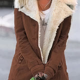 Women's brown winter coat with fleece lining and sherpa trim, featuring long sleeves and designed for plus-size 5XL.