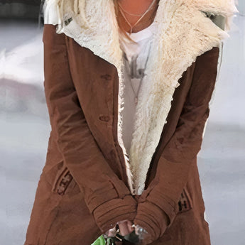 Women's brown winter coat with fleece lining and sherpa trim, featuring long sleeves and designed for plus-size 5XL.