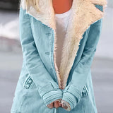 Women's blue winter coat with fleece lining and sherpa trim, featuring a fashionable design with a white collar and long sleeves, available in size 5XL.