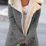Women's gray winter coat in size 5XL with a fleece lining and sherpa trim, featuring long sleeves and a high collar for added warmth.
