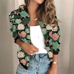 Women's green floral blazer in size 2XL, showcasing a stylish and comfortable design with a focus on spring fashion. The blazer features a vibrant floral pattern and structured tailoring, highlighting the shoulders, neck, and waist for a chic and flattering fit.