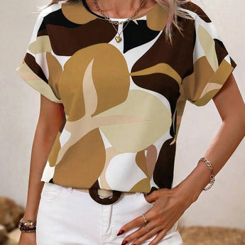 Women's green leaf print blouse with short sleeves, displayed in brown color and size 2XL, featuring a round neck and fashionable design suitable for summer wear.