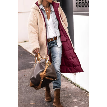 Women's green sherpa-lined insulated parka featuring a stylish tartan pattern, with a focus on the collar, neck, and sleeve areas, displaying an urban winter design suitable for cold weather.