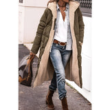 Women's light green sherpa-lined insulated parka in 3XL, featuring a cozy design suitable for urban winter wear. The coat has long sleeves and is paired with jeans in the image.
