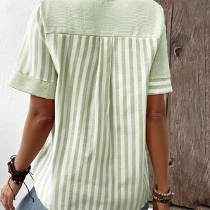 Women's Green Striped Summer Blouse - Short Sleeve, Pleated Back