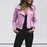 A women's pink suede moto jacket featuring stylish design elements suitable for trendy spring fashion, highlighting structured shoulders, long sleeves, and a fitted waist.