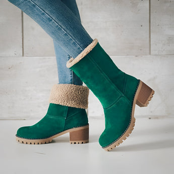 Women's green suede shearling block heel ankle boots in size 44, showcasing a stylish design with a comfortable block heel and a soft shearling lining, perfect for fashion-forward looks.