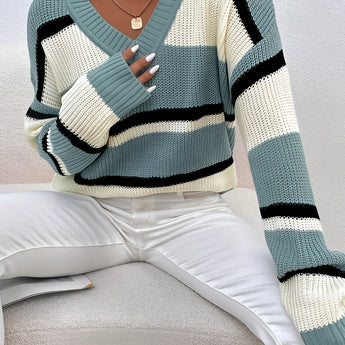 Women's green V-neck off-shoulder striped knit sweater with long sleeves, featuring a stylish and relaxed fit.
