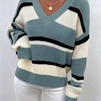 Women's blue off-shoulder knit sweater featuring a V-neck design with striped pattern, long sleeves, and a loose fit.