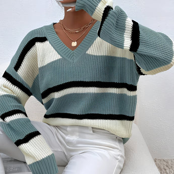 Women's green V-neck off-shoulder striped knit sweater with long sleeves and a relaxed fit.