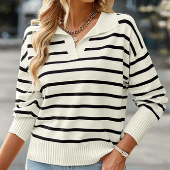 Women's green and white striped boat neck sweater featuring long sleeves, casual spring fashion style, black color in XL size.