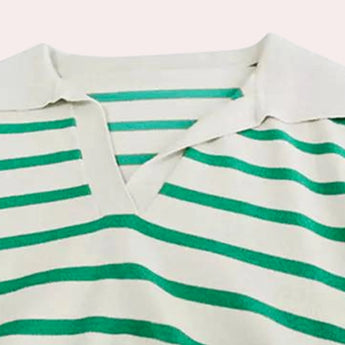 Women's green and white striped boat neck sweater, featuring long sleeves and casual spring fashion style.