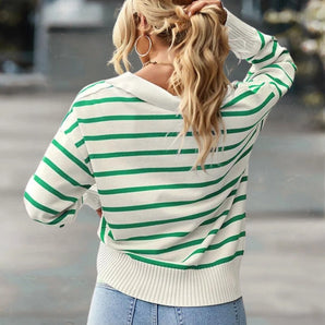 
A women's green and white striped boat neck sweater with long sleeves, perfect for casual spring fashion.