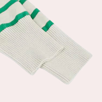 Women's green and white striped boat neck sweater with long sleeves, featuring a casual spring fashion style. The sweater is made of a wool blend material with a distinct horizontal stripe pattern.
