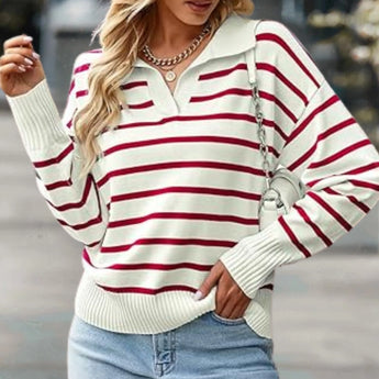 Women's green and white striped boat neck sweater, featuring long sleeves and a casual fit, perfect for spring fashion.