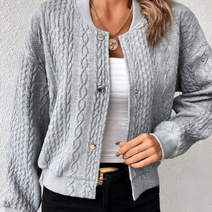 Women's chunky wool blend cable knit cardigan in gray, featuring long sleeves and a cozy, oversized fit in size 3XL.