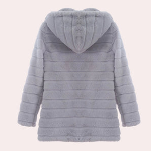 Women's grey faux fur hooded puffer coat with insulated design, featuring long sleeves and a stylish collar.