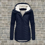 Dark blue insulated waterproof women's hooded parka with a full-length design, featuring long sleeves, a protective collar, and a durable textile exterior, suitable for winter conditions; size 4XL.