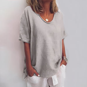 Women's grey linen tunic with short sleeves, V-neck, and loose fit, size 5XL.