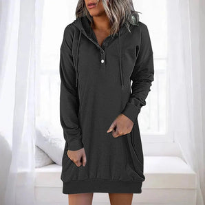 Women's grey long sleeve pullover hoodie dress in 2XL, featuring a cozy and stylish design ideal for winter wear, with a knee-length cut and a comfortable collar.