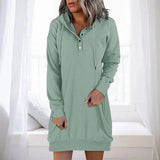 Women's light green long sleeve pullover hoodie dress in size 2XL, featuring a cozy design with a relaxed fit, suitable for winter wear.