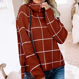 Women's cozy high neck pullover sweater in grey plaid fleece, featuring long sleeves and a tartan pattern, shown in red color variant and size XL.
