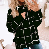 Women's Black High Neck Pullover Sweater with Grey Plaid Pattern, Featuring Long Sleeves and Cozy Fleece Material in XL Size.