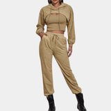 Women's khaki tracksuit set featuring a cropped hoodie and joggers in XL, designed for urban athleisure style.
