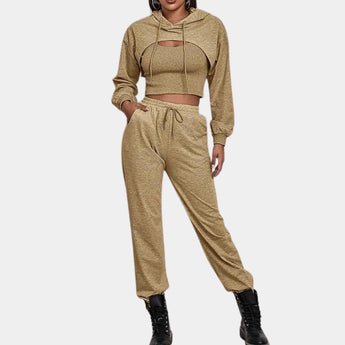 Women's khaki tracksuit set featuring a cropped hoodie and joggers in XL, designed for urban athleisure style.