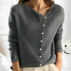 Women's grey V-neck cardigan in a lightweight wool material, featuring long sleeves and a relaxed fit in size XXL.