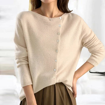 Women's grey V-neck wool cardigan, lightweight office wear sweater, worn by a model, showcasing long sleeves and soft texture.