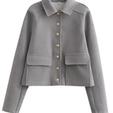 Women's grey wool blend cropped button jacket with a collar and long sleeves, designed for a stylish winter look.