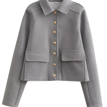 Women's grey wool blend cropped button jacket with a collar and long sleeves, designed for a stylish winter look.