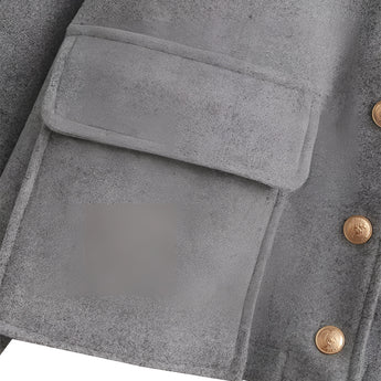 Women's grey wool blend cropped button jacket with long sleeves and a stylish collar, featuring a composite material design.