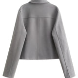Women's grey wool blend cropped button jacket with a stylish design, featuring long sleeves, button closure, and a structured collar, ideal for winter outerwear.