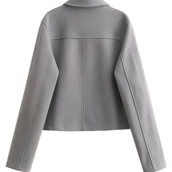 Women's grey wool blend cropped button jacket with a stylish design, featuring long sleeves, button closure, and a structured collar, ideal for winter outerwear.