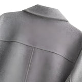 Grey wool blend cropped button jacket for women with long sleeves and a collar, featuring a stylish winter design.