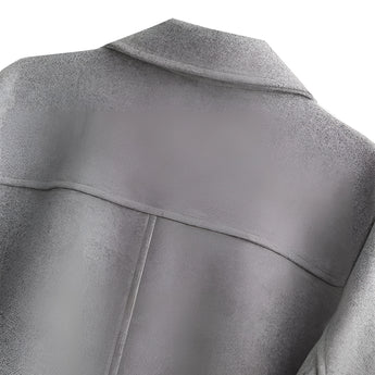 Grey wool blend cropped button jacket for women with long sleeves and a collar, featuring a stylish winter design.