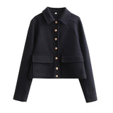 Women's grey wool blend cropped button jacket with a stylish winter design, featuring long sleeves and a tailored collar, suitable for formal or casual wear.